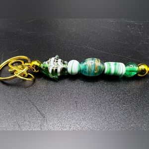 Artisan Green, White, and Gold Glass Beaded Keychain Bag Charm Custom
